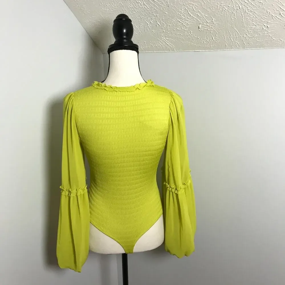 By Anthropologie Deep V Puff Sleeve Bodysuit XXS Green Smocked NWT